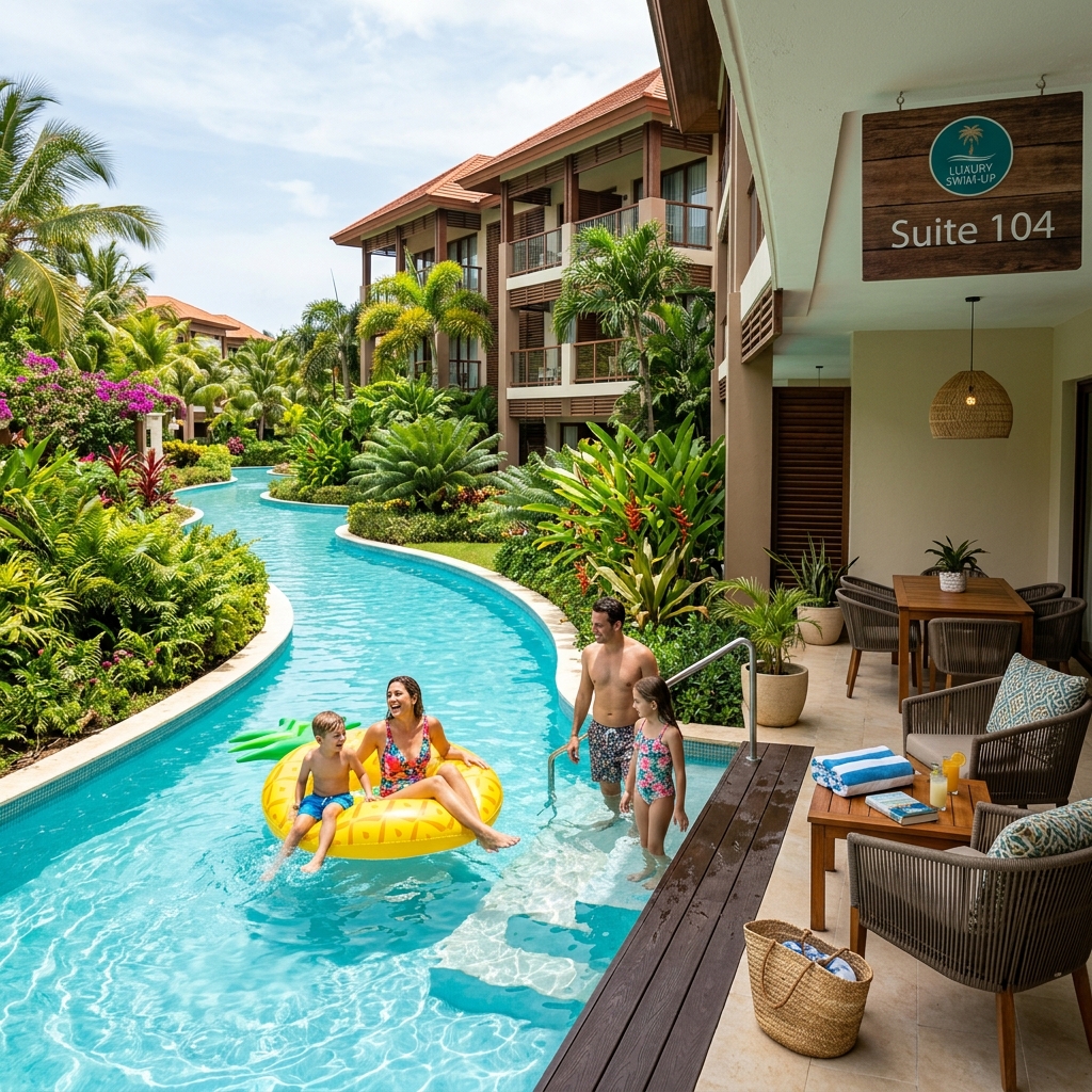 Vibrant family-friendly luxury swim-up suite opening directly into a lazy river pool at Nickelodeon Hotels & Resorts Punta Cana