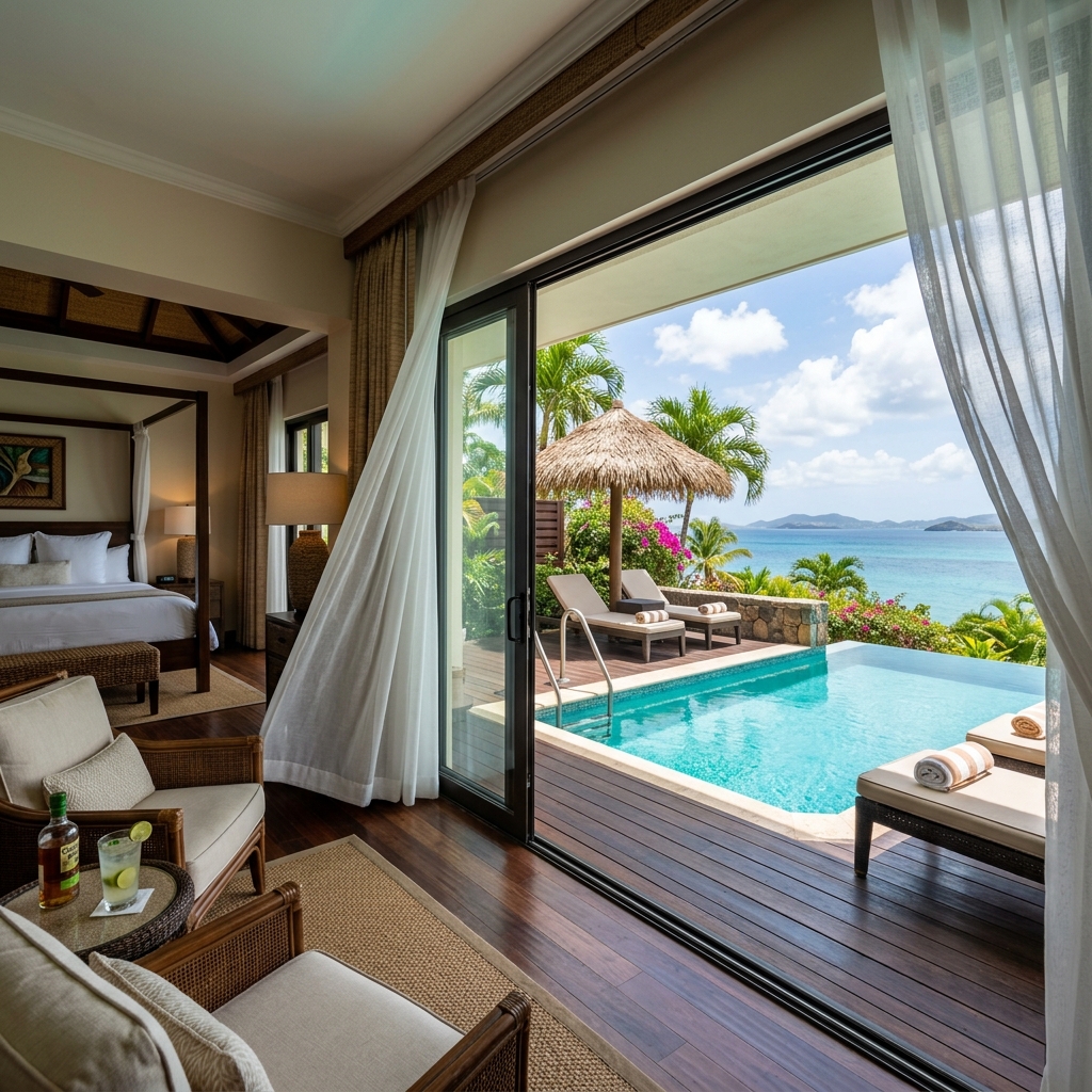 Awe-inspiring view from inside a luxury Punta Cana all-inclusive hotel room looking out onto a private swim-up suite terrace