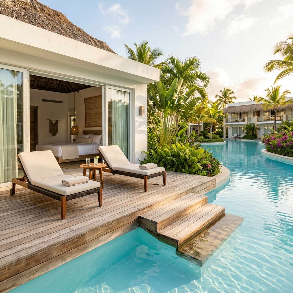 Serene modern swim-up suite with private wooden deck and luxury lounge chairs stepping into a pristine swimming pool at Serenade All Suite Punta Cana